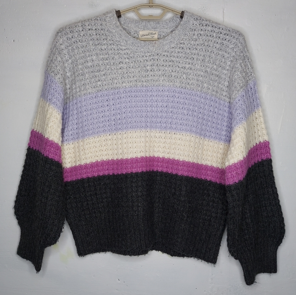 Universal Thread Sweater Colorblock Stripe Chunky Knit Puff Sleeve Crew Medium